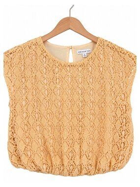 AND NOW THIS Yellow Crochet Lace Crop Top Boho 70s Bubble Hem M Cap Sleeves